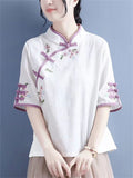 Women's Flower Embroidery Chinese Style Knot Button Stand Collar Shirt