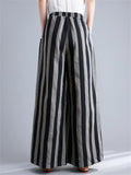 Retro Black Grey Stripes Cozy Linen Wide Leg Pants for Women