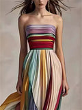 Colorful Stripe Pleated Off Shoulder Flowy Long Dress for Lady