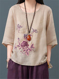 Women's Simple Floral Embroidered Round Neck Shirt