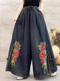 Female Ethnic Style Peony Embroidered Denim Wide Leg Pants