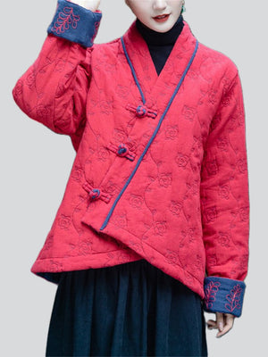 Women's Cotton Linen Long-sleeved Flower Jacquard Padded Jacket