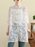 Vintage See-Through Floral Print Knot Button Shirt for Lady