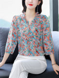 Elegant Ruffled Collar 3/4 Sleeve Floral Pattern Shirt for Women