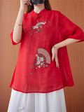 Chinese Style Peach Blossom Fan Embroidery Female Half Sleeve Shirt