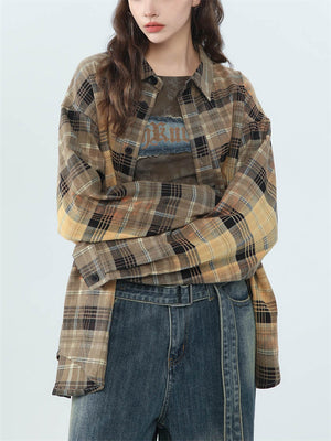 Spring Retro Contrast Color Plaid Long Sleeve Shirt for Women