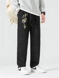 Men's Retro Gold Bamboo Leaf Embroidery Faux Suede Trousers