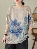 Summer Hollow Out Breathable Blue Lotus T-shirts for Women