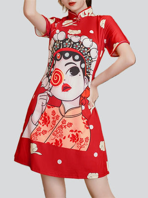 Women's Chinese Opera Cartoon Girl Print Dress