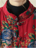 Women's Country Style Stand Collar Rose Print Red Cotton Coat