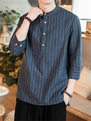 Relaxed Cotton Linen Stylish Striped Men's 3/4 Sleeve Shirt