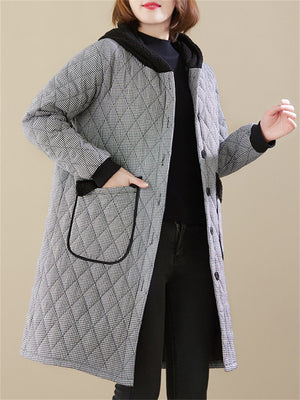 Women's Elegant Single-Breasted Mid-Length Warm Hooded Cotton Coat