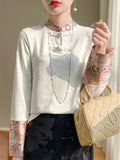 Spring Patchwork Stand Collar Long Sleeve Shirt for Women