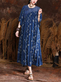 Vintage Print Round Neck Half Sleeve Pleated Swing Dress for Women