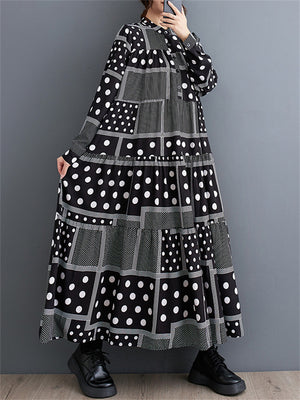 Women's Black & White Polka Dot Plaid Pleated Dress