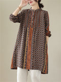 Female Ethnic Print Round Neck Long Sleeve Linen Shirt