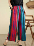 Multicolor Stripe Ethnic Style Linen Wide Leg Pants for Women