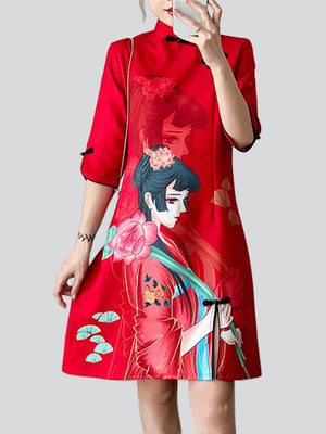Lotus Temperament Girl Print Women's Dress