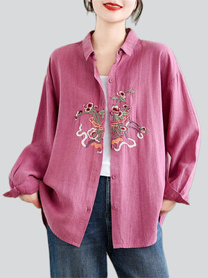 Women's Vibrant Flowers Embroidered Turn-down Collar Shirt