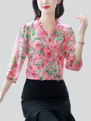 Elegant Ruffled Collar 3/4 Sleeve Floral Pattern Shirt for Women