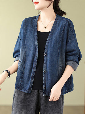 Ladies Korean Style V-Neck Button Up Short Denim Jacket