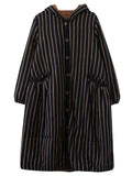 Women's Mid-length Black White Stripe Fleece-lined Coats