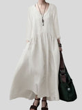 Spring Autumn V-neck Simple Relaxed Solid Dresses for Ladies