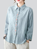 Female Chinese Floral Embroideried Lapel Button Up Linen Shirt