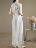 Lady Oriental Style Vintage Sleeveless Striped Cheongsam Dresses