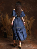 Romantic Off Shoulder Ruffles Patchwork Denim Dress for Women