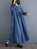 Female Ethnic Style Floral Embroidered V-Neck Retro Denim Dresses