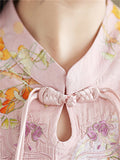 Ginkgo Leaf Print Stand Collar Tassel Button Female Shirt