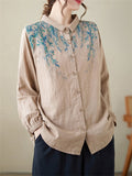 Female Relaxed Lapel Long-sleeved Leaves Printed T-shirts