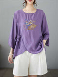 Female Chinese Fan Flower Embroidered 3/4 Sleeve Shirt