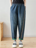 Female Rough-edged Elastic Waist Large Size Jeans