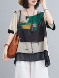 Women's Retro Print Round Neck Half Sleeve Cozy Chiffon Shirt