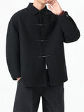 Unique Black Lapel Button Up Textured Jackets for Male