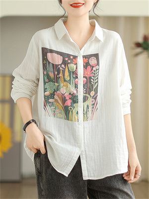 Flowers Print Long Sleeve Turn-down Collar Shirt for Ladies