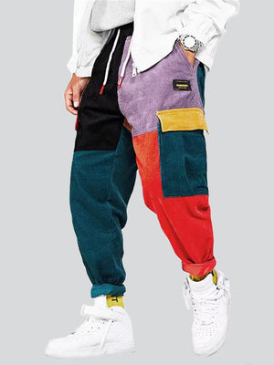 Fashion Color Block Patchwork Multi-Pocket Corduroy Pants