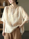 Retro Flower Print Lapel Half Sleeve Loose Shirt for Women