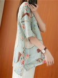 Ladies Chinese Style Tasseled Tuanshan Bird Floral Print Shirts