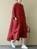 Women's Vintage Red Lapel Button Up Mid-Length Shirt Dress