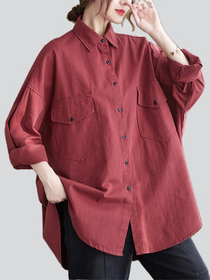 Trendy Lapel Chest Pocket Oversized Button Female Shirt