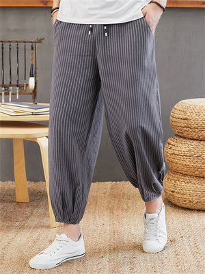 Soft Pure Cotton Ankle-Tied Stripe Lantern Pants for Men
