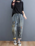 Women's Frayed Patch Printed Elastic Waist Multi-pocket Jeans