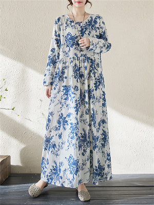 Spring Blue Floral Vacation Long Dress for Women