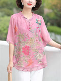 Peony Butterfly Print Plus Size Chiffon Shirt for Lady