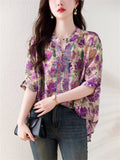 Elegant Tiny Rhinestone V Neck Flowy Floral Print Shirt for Ladies