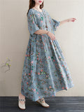 Women's Peach Blossom Print Round Neck Half Sleeve Cotton Dress