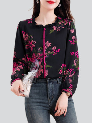 Rose Red Lily Print Ruffled Collar Long Sleeve Shirt for Ladies